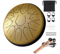 Tongue Drum, 15 cm 11 Notes D Major Steel Tongue Drum with Music Book, Drum Beaters, Steel Pan Tones Percussion Instrument Drum Kit Beginners for Meditation Yoga (Golden, 6 Inches, 11 Tones)