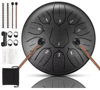 Tongue Drum, 15 cm 11 Notes D Major Steel Tongue Drum with Music Book, Drum Beaters, Steel Pan Tones Percussion Instrument Drum Kit Beginners for Meditation Yoga (Black, 6 Inches, 11 Tones)