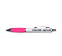 Tongue in Peach Funny Novelty Push Pen Gift | Ballpoint Pens Work Colleague Leaving Work Present | Overworked & Underpaid | Funny Joke Stationary | PINK PP96