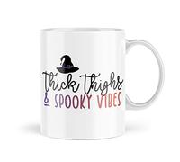 Tongue in Peach Halloween Mugs | Thick Thighs & Spooky Vibes Mug | Novelty Mug for Her Him Autumn Pumpkin Trick Or Treat Scary Witch Mug Bestie | MBH2153