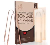 Tongue Scraper for Adults with Travel Case (2 Pc), Bad Breath Treatment Metal Tongue Cleaner, 100% Natural Copper Ayurvedic Tongue Scrapers for Oral Care, Easy to Use Dental Hygiene for Fresh Breath