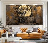 TONGYINLI Abstract Animals Canvas Print Mural， Vintage Oil Painting, Mystical Full Moon Deer Posters and Prints, Wall Art Pictures 60x120cm framework
