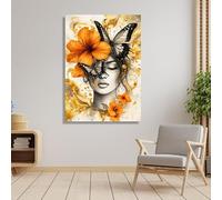 TONGYINLI Abstract Woman Portrait Canvas, Orange Hibiscus Flowers Posters and Prints, Butterfly Wall Art, Modern Home Decor Mural(80x120cm/Frameless)