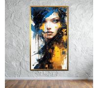 TONGYINLI Abstract Woman Portrait Canvas Painting, Face Pictures, Splatter Art, Blue and Gold Wall Decor, Modern Female Posters Print(55x100cm/Frameless)