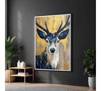 TONGYINLI Blue Deer Canvas Oil Painting, Gold Leaf Canvas Wall Art, Modern Rustic Wildlife Posters and Prints, Nature Home Decor(30x40cm/Frameless)