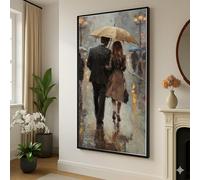 TONGYINLI Couple Walking Under Umbrella Canvas, Rainy City Street Scene, Impressionist Style Wall Art, Urban Home Decor, Painting(80x140cm/Inner Frame)