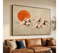 TONGYINLI Flying Cranes Japanese Painting Canvas Art, Red Sun Posters, Wildlife Illustration Wall Pictures, Nature Decor Artwork(70x100cm/Frameless)