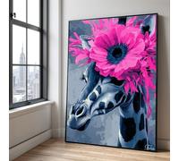 TONGYINLI Giraffe with Pink Flower Crown Oil Painting on Canvas, Modern Animal Art Prints, for Living Room, Home Decor Mural(40x60cm/Internal Frame)