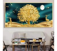 TONGYINLI Luxury Lucky Gold Coin Canvas Printing, Leaf Tree Wall Art Picture, Plant Painting, Golden Deer Poster Living Room Decor 55x110cm framework