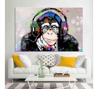 TONGYINLI Pop Art Colorful DJ Monkey Headphones Canvas Art Pictures, Graffiti Style Poster, Funky Music Animal Chimpanzee Painting 50x70cm framework