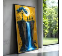 TONGYINLI Waterfall Canvas Wall Art, Full Moon Nature Landscape Oil Painting, Abstract Blue Tree Silhouette Canvas Prints(40x70cm/Frameless)