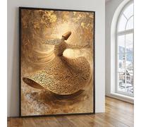 TONGYINLI Whirling Dervish Classic Painting Canvas Art, Gold Calligraphy Print Wall Pictures, for Living Room, Home Decor Artwork(50x75cm/Internal Frame)