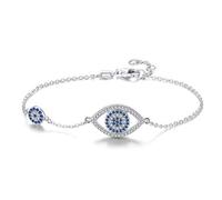 TONGZHE Blue Evil Eyes Link Bracelet Sterling Silver 925 Cubic Zirconia Chain Adjustable 7"(Rhodium)