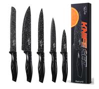 Toni Sharpe Kitchen Knife Set of 5 Black Dotted Knives with Ergonomic Handle - Stainless Steel Chef, Carving, Bread, Utility and Paring Knife for Cooking and Baking