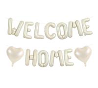 TONIFUL 16 Inch Cream White WELCOME HOME Foil Letter Balloons Banner Decor | with 2pcs Cream White Heart Balloons for New Home Housewarming Military Homecoming Retirement Family Gathering Party Supplies