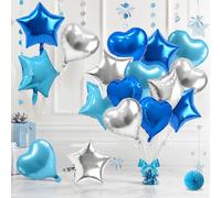 TONIFUL 18 Inch Blue & Silver Star and Heart Foil Balloons, 18PCS Royal Blue and Silver Helium Mylar Birthday Balloons for Gender Reveal Baby Boys Shower Anniversary Graduation Party Decoration
