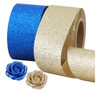 TONIFUL 2 Rolls 1-1/2 Inch Blue Gold Glitter Ribbon, Sparkling Shiny Ribbon for Gift Wrapping, Crafts, Eternal Flowers, Graduation Lei, Christmas Tree, Ornaments. Graduation Decoration (10yds/roll)