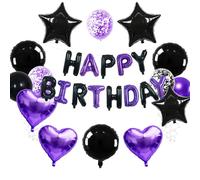 TONIFUL 34PCS Black Purple Happy Birthday Decorations Kit 16 Inch Happy Birthday Balloon Banner with Star Heart Round Balloons Mylar Foil Party Supplies for Men Women Adults Girls Boys Kids