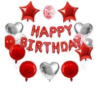 TONIFUL 34PCS Red Silver Happy Birthday Decorations Kit 16 Inch Happy Birthday Balloon Banner with Star Heart Round Balloons Mylar Foil Party Decorations Supplies for Men Women Adults Girls Boys Kids