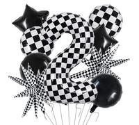 TONIFUL 40 Inch Checkered 2th Birthday Balloons Set Number 2 Race Car Black White Checkered Round Explosion Star Balloons Boys Race Car Themed Birthday Party Decoraction
