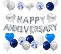 TONIFUL 42pcs 16 Inch Blue Silver Happy Anniversary Balloons Kit,Heart Balloons Foil Letter Balloons Banner Reusable Material for Bachelorette Party Anniversary Wedding Couple Party Decorations