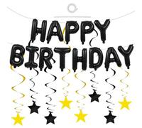TONIFUL Black Happy Birthday Foil Balloon with Pre-Assembled Hanging Swirl Stars 16 Inch Mylar Letter Balloons Black Gold Star Garland Ceiling Decorations for Men Boys Women Birthday Party Supplies