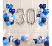 TONIFUL Blue and Silver 30th Birthday Decorations for Adults | 40 Inch Large Silver Foil 30 Balloon with Heart & Latex Balloons for Men Women 30th Anniversary Party Decorations