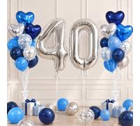 TONIFUL Blue and Silver 40th Birthday Decorations for Adults | 40 Inch Large Silver Foil 40 Balloon with Heart & Latex Balloons for Men Women 40th Anniversary Party Decorations