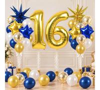TONIFUL Gold Number 16 Balloon Kit Space Theme 16th Birthday Decor for Teen | 40 Inch Large Gold Foil 16 Balloon with Blue Gold Star Balloons for Sweet 16, 61st Birthday 16th Anniversary Party Decoration