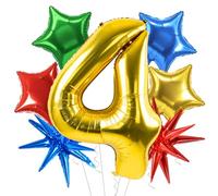 TONIFUL Gold Number 4 Balloon Kit Circus Theme 4th Birthday Decor for Boy | 40 Inch Large 1 Foil Balloon with Red Gold Blue Green Star Balloons for 4th Birthday Anniversary Carnival Party Decorations