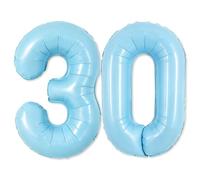 TONIFUL Pastel Blue Number 30 Big Balloons, 40 Inch Large Light Blue Foil Digital 30 Balloons for 30th Birthday Balloons for 30 Year Old Graduation New Year Eve Anniversary Party Decorations Supplies