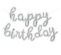 TONIFUL Silver Happy Birthday Balloons Banner,Cursive Happy Birthday Balloon Birthday Decorations Silver Mylar Foil Birthday Ballons for Kids and Adults