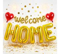 TONIFUL Welcome Home 40Inch Gold HOME and 16Inch Gold Cursive Welcome Foil Balloons Banner with 18Inch Red Heart Balloon for Homecoming Party Decorations House Warming Party Family Gathering Supplies