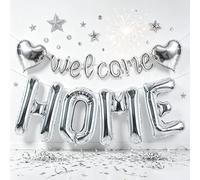 TONIFUL Welcome Home 40Inch Silver HOME and 16Inch Cursive Welcome Foil Balloons Banner with 18Inch Silver Heart Balloon for Homecoming Party Decorations House Warming Party Family Gathering