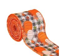 TONIXY Autumn Harvest Thanksgiving Burlap Ribbon 2.36in Wide 5 Yards Long With Stitched Edges Pumpkin And Plaid Design For Wreaths And Décor(E)