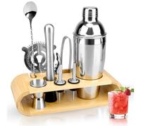 TonJin 10 Piece Bartender Kit with Bamboo Stand, 750ml/25oz Cocktail Shaker Set for Mixed Drink, Professional Stainless Steel Bar Set with All Essential Accessory Tools,Gift for Man Dad Friend