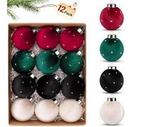 TonJin Christmas Tree Ornaments Velvet Balls 12 Pack, 2.36"/60mm Glitter Shatterproof Hanging Flocked Xmas Bulbs Decorations, Lightweight, 4 Colors Red Black Sage Green Beige,Holiday Party Home Decor