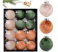 TonJin Christmas Tree Ornaments Velvet Balls 12 Pack, 3.15"/80mm Glitter Shatterproof Hanging Flocked Large Xmas Bulbs Decorations, Lightweight,Green Burnt Orange Neutral Holiday Party Home Decor
