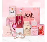 TonJin Pink Gift Basket for Women 11pcs - Birthday Gifts for Her Sister Mom, Get Well Soon Basket with Straw Glass Cup, Candle, Socks, Music Box - Christmas Valentine Present Set