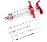 TonJin Turkey Meat Injector Syringe Kit with 3 Marinade Needles for BBQ Grill Smoker, 1 Cleaning Brush, 1 Oz/30 ml Large Capacity Injector Marinades for Meats Red