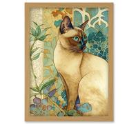 Tonkinese Cat with Art Nouveau Botanical Patterns Colourful Watercolour Illustration Artwork Framed Wall Art Print A4 Artery8 Light Oak One Size