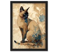 Tonkinese Cat with Blue Flower Modern Watercolour Illustration Artwork Framed Wall Art Print A4 Artery8 Black One Size