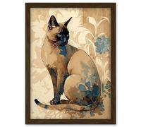 Tonkinese Cat with Blue Flower Modern Watercolour Illustration Artwork Framed Wall Art Print A4 Artery8 Brown One Size