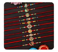 TONKWALAS Combo of 10 Rakhi Set for Men With Roli Chawal Best Wishes Greeting Card Rakhi for Brother, M, Metal, no gemstone