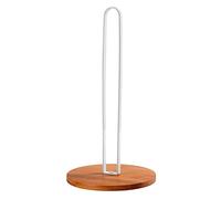 TONLEA White Roll Holder, Standing Stainless Steel with Round Wooden Base, Dining Table Worktop Paper Roll Holder for Standard Rolls