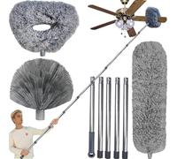 Tonmp 20+ Feet High Reach Grey Duster Kit with 3-14 ft Extension Pole for Cleaning Fan, Spider Web, High Ceiling, Blinds, Furniture - Cobweb Microfiber Duster // Outdoor & Indoor Duster Cleaning Tool