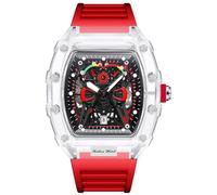 Tonneau Watches for Men Skeleton Shaped Dial Transparent Clear Luminous Wine Barrel Men's Watch Date Waterproof Silicone Resin Band Unisex Men Women Gift, Red, Fashion Hollowed Men Watches Tonneau