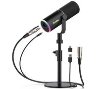 TONOR Dynamic Podcast Microphone, XLR/USB Mic for Recording, Streaming, XLR Cardioid Studio Mic with Quick Mute, Volume Control, Microfono with RGB and Desktop Stand, Black, TD520S