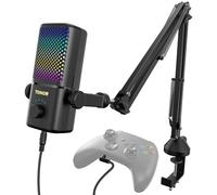 TONOR Gaming Microphone Compatible with Xbox, RGB Condenser Streaming Mic, Low Noise, Gain Control, One Tap Mute, Compatible with Capture Card, 200 cm Cable, Boom Arm, Black, TCX3+