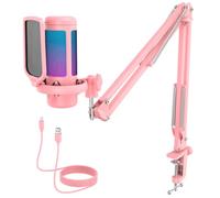 TONOR Gaming Microphone Set, Vocal Condenser Mic fop PC Gamers with RGB | Boom Arm Set, USB Mic with Controllable Light, One Tap Mute, Volume Control, for Discord, Twitch Streaming, Pink, TC310+